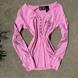Harley Davidson pink graphic button up long sleeve top